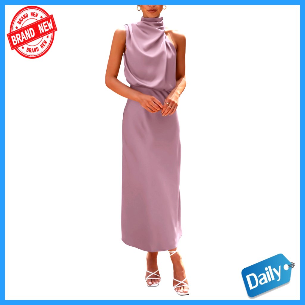 Satin Maxi Dress Elegant Mock Neck Sleeveless Formal Party Cocktail Wear